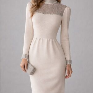 1980s ST JOHN Knits by Marie Gray Dress Stretch Knit Beaded Sequins Mockneck